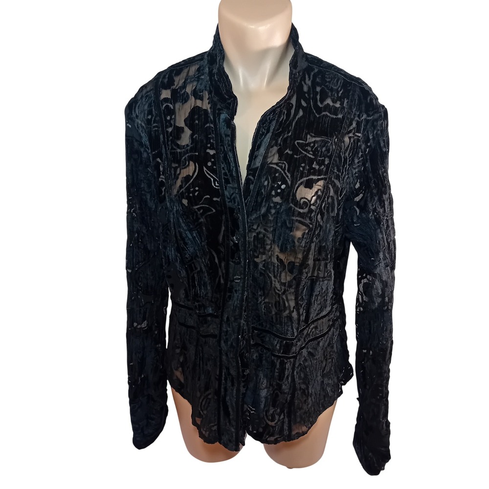 Vintage Y2K Point Zero Black Velvet Silk Lace Sheer Button Up Blazer Formal XL
